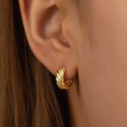 a close up of a person wearing a pair of earrings