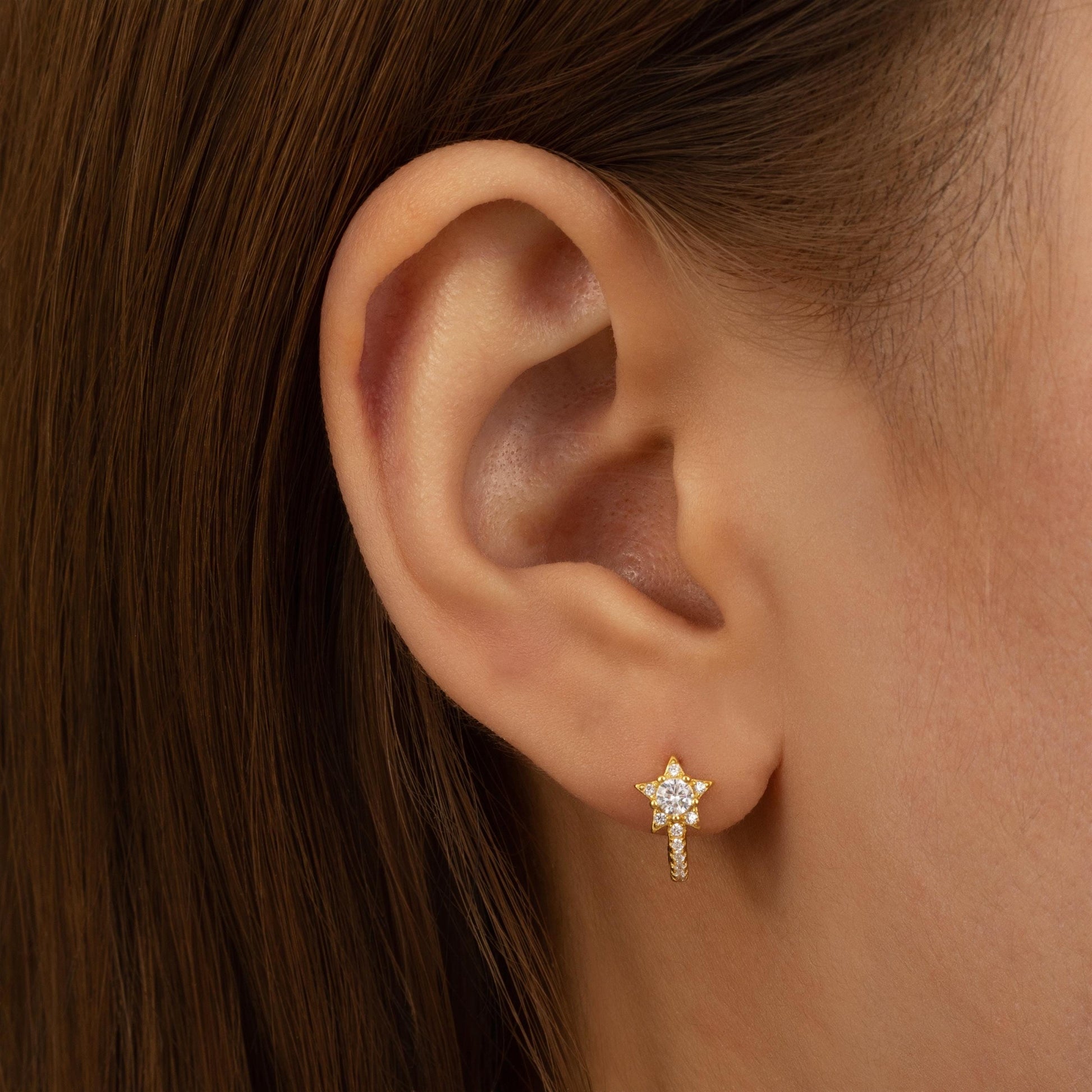 a close up of a person wearing a pair of earrings